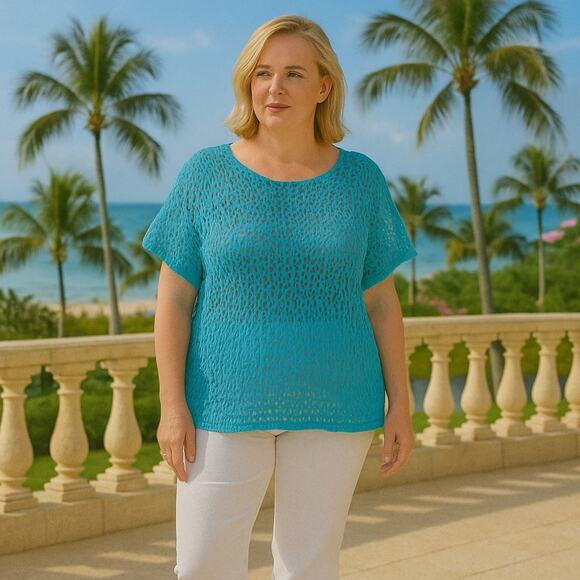 NWT Chico's Sweater Women's Sz 4 (2X) Open Stitch Waterloo Blue Dolman Sleeve - Picture 1 of 8